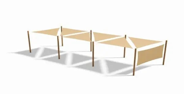 Solsejl syst. 6 stk. 3x3x3 m. + 8 stolper + 1 sidesejl