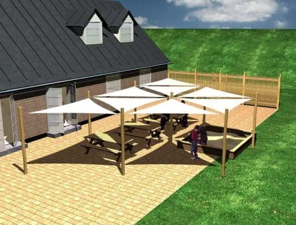 Solsejl syst. 8 stk. 3x3x3 m. + 9 stolper