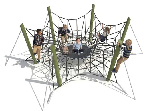 Illustration af Spider-klatrenet med børn mellem grønne stolper
