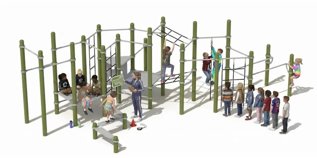 Illustration af Track-klatreanlæg med grønne stolper, net og børn i leg
