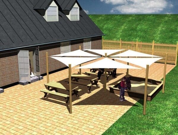 Solsejl syst. 6 stk 3x3x3 m. + 7 stolper